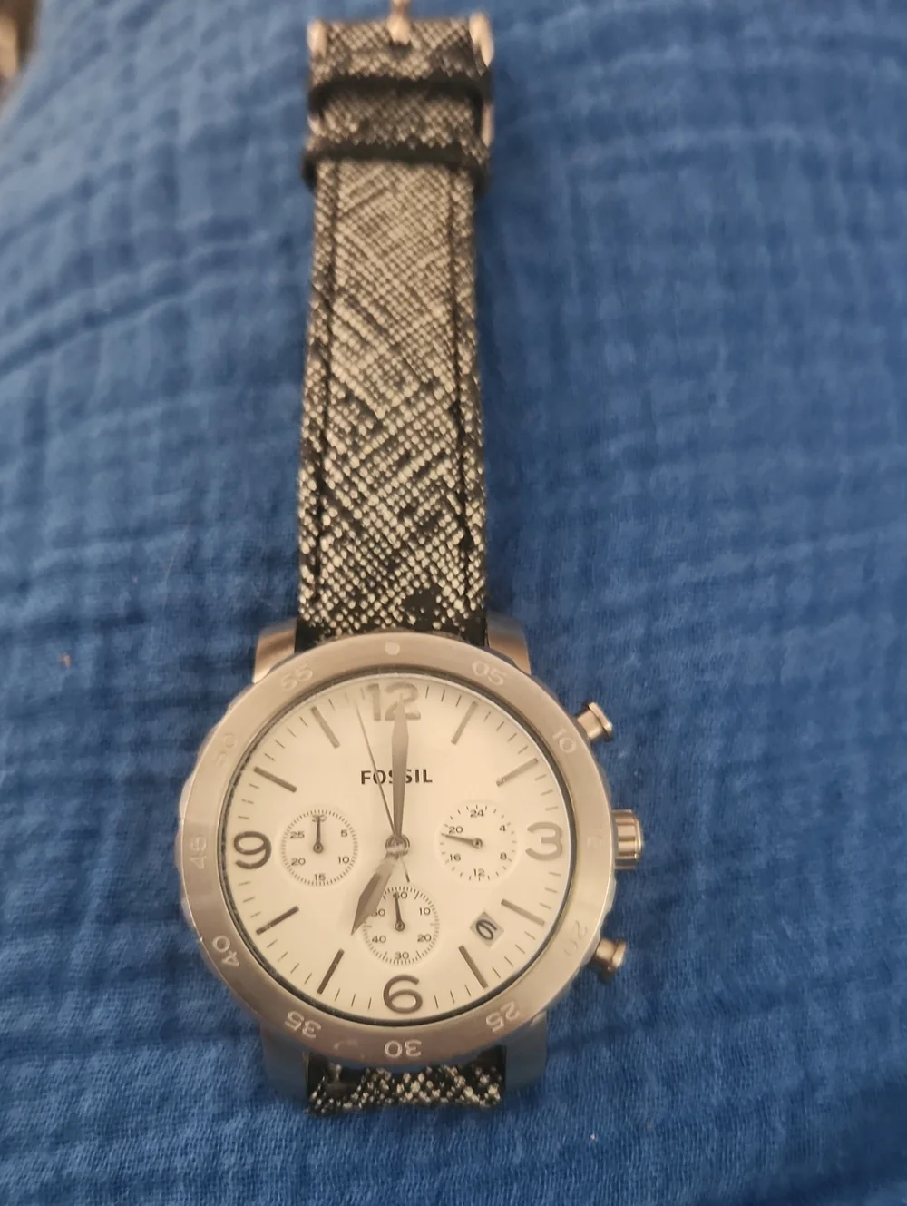 Fossil Silver Chronograph Watch with Black & White Patterned Strap